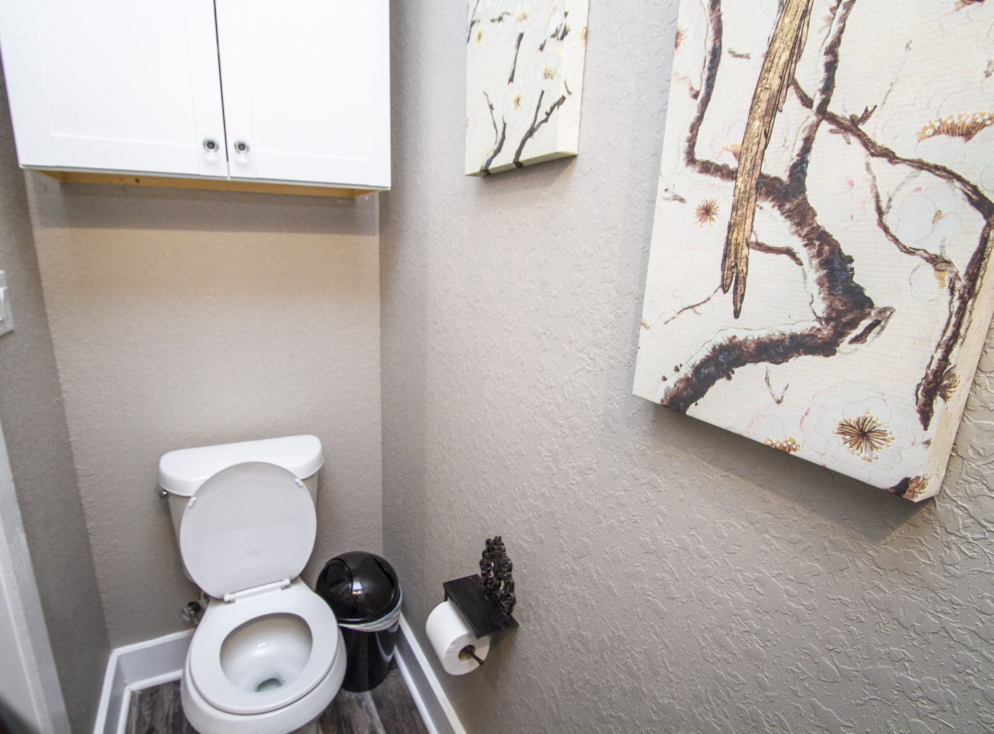 Un baño pequeño con inodoro, un cubo de basura y un dispensador de papel higiénico.