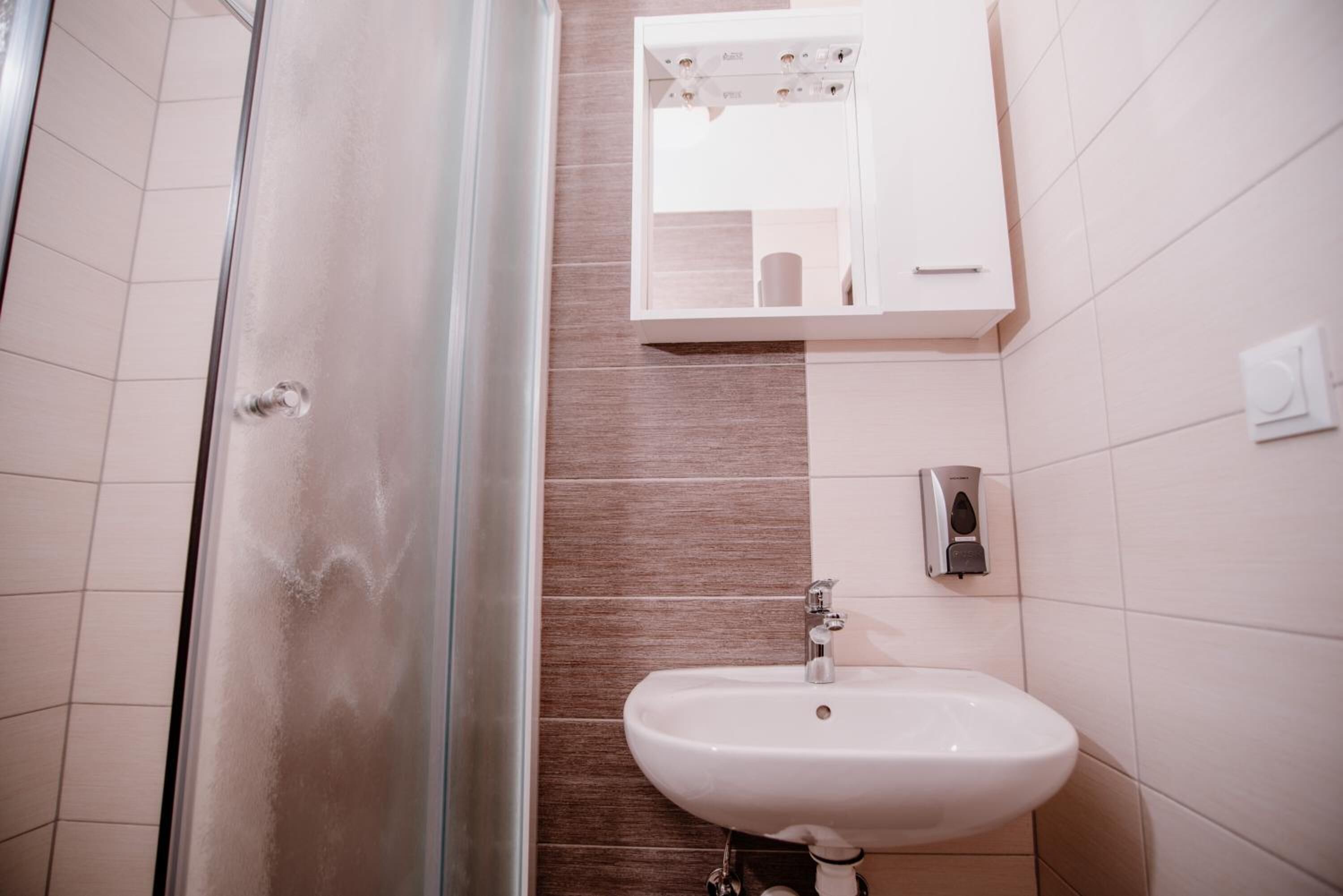 A bathroom with a glass shower door, a white sink, and a mirror cabinet.
