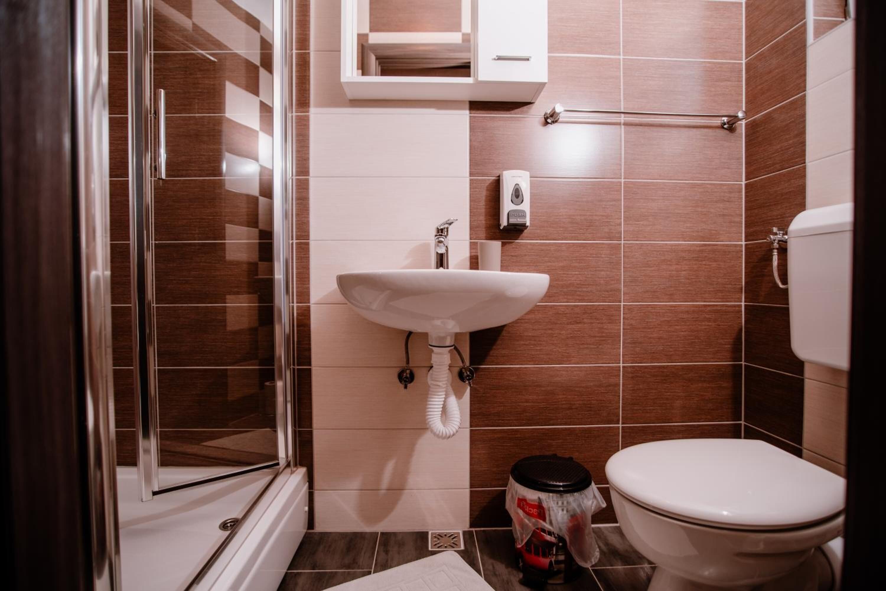 Ein Badezimmer mit Duschkabine aus Glas, einem weißen Waschbecken mit Seifenspender und einer Toilette.