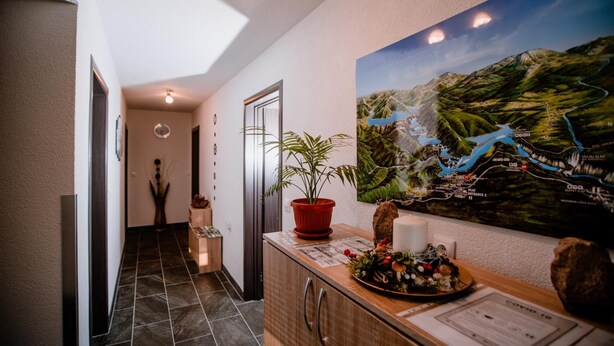 A hallway with a map mural, a potted plant, and a reception desk with a menu. - House Karakas (Plitvicka Jezera)