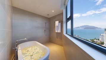 Combined shower/tub, rainfall showerhead, free toiletries, hair dryer