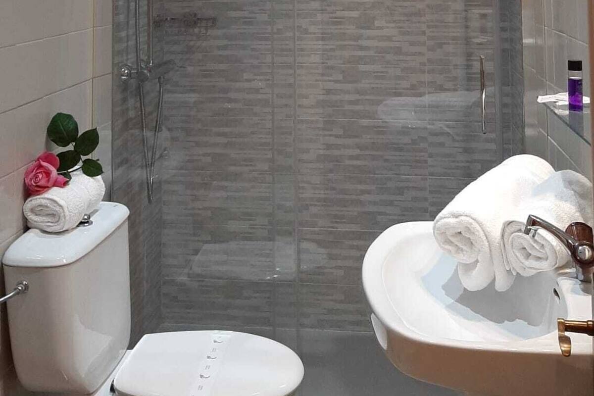 A modern bathroom with a glass-enclosed shower, a toilet, and a sink with a vanity.