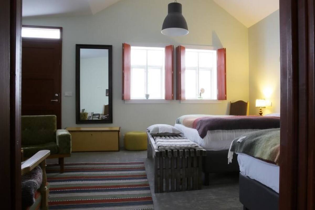 Quadruple Room, Private Bathroom (Guli/blái fiskur) | Blackout drapes, soundproofing, WiFi (free), bed sheets
