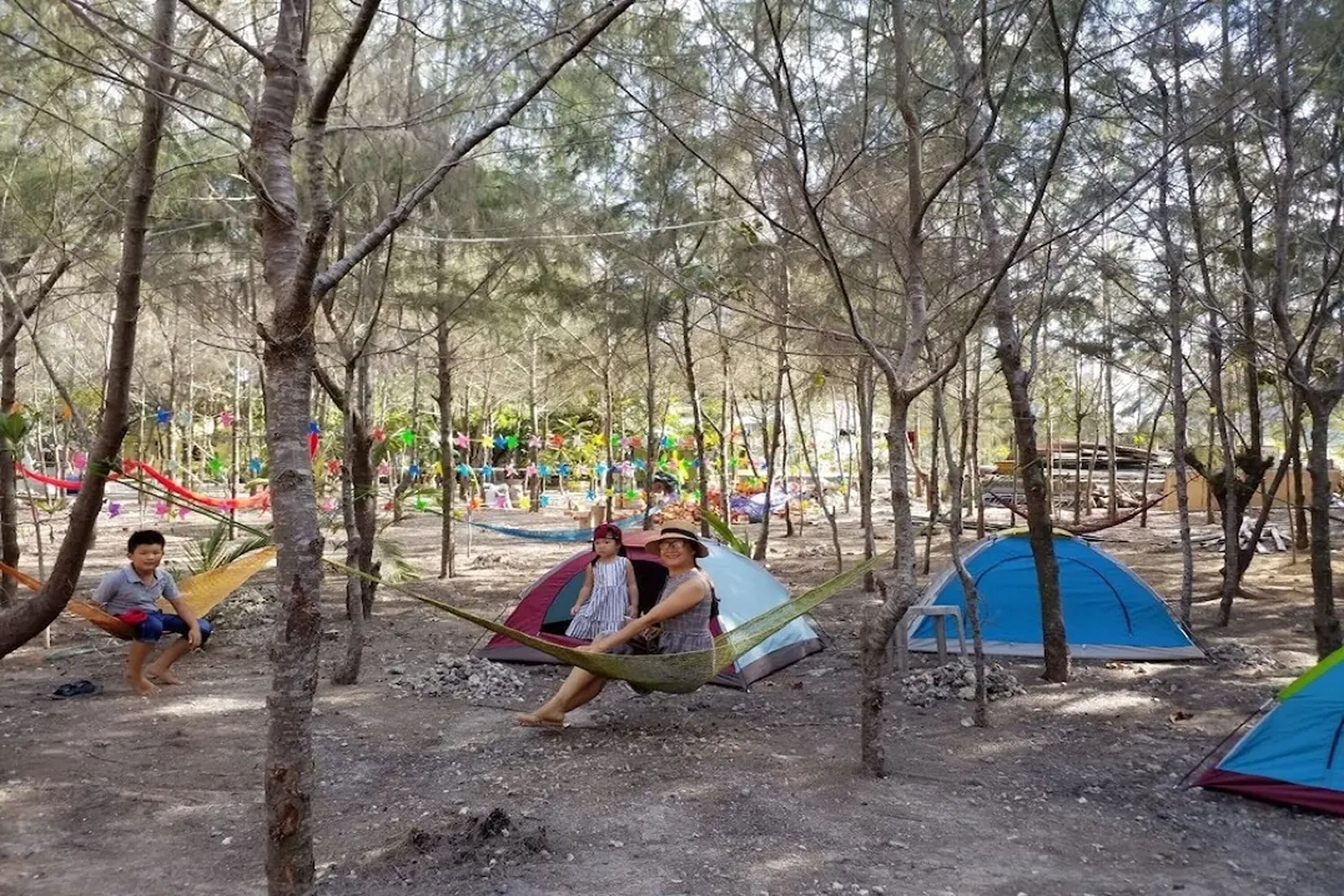 Un terrain de camping avec des tentes et des hamacs installés entre les arbres.