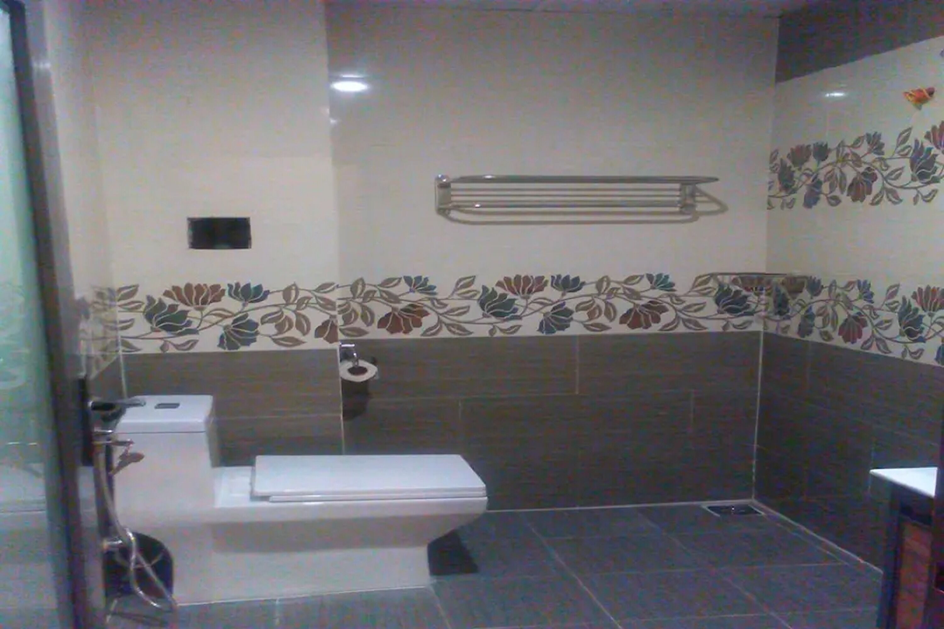Un baño con inodoro, zona de ducha y perchero.