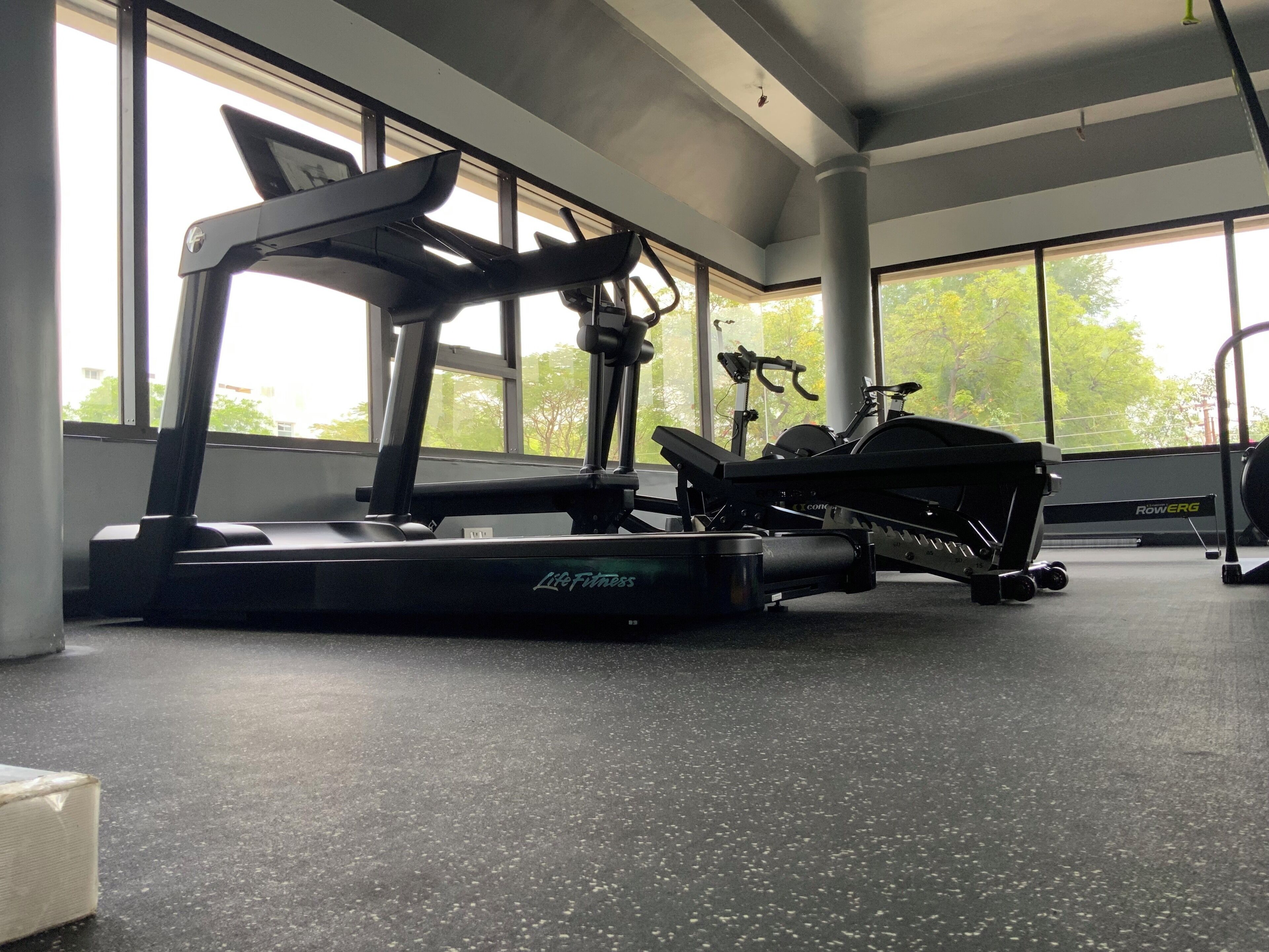 A gym with treadmills, exercise bikes, and large windows offering views of trees.