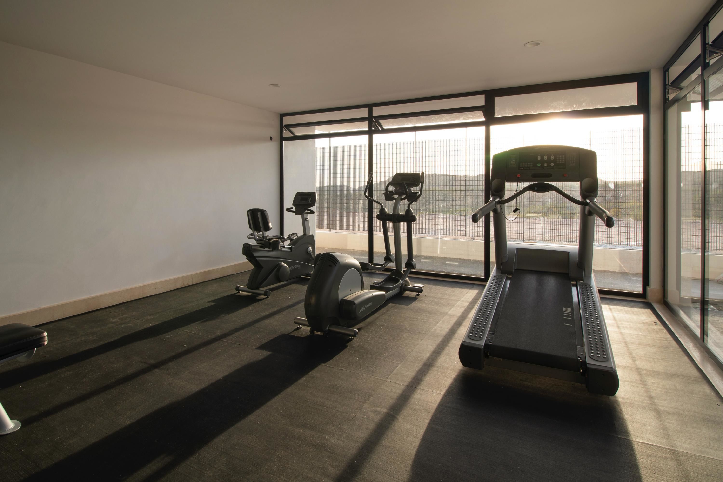 A gym with treadmills, elliptical machines, and weight benches.