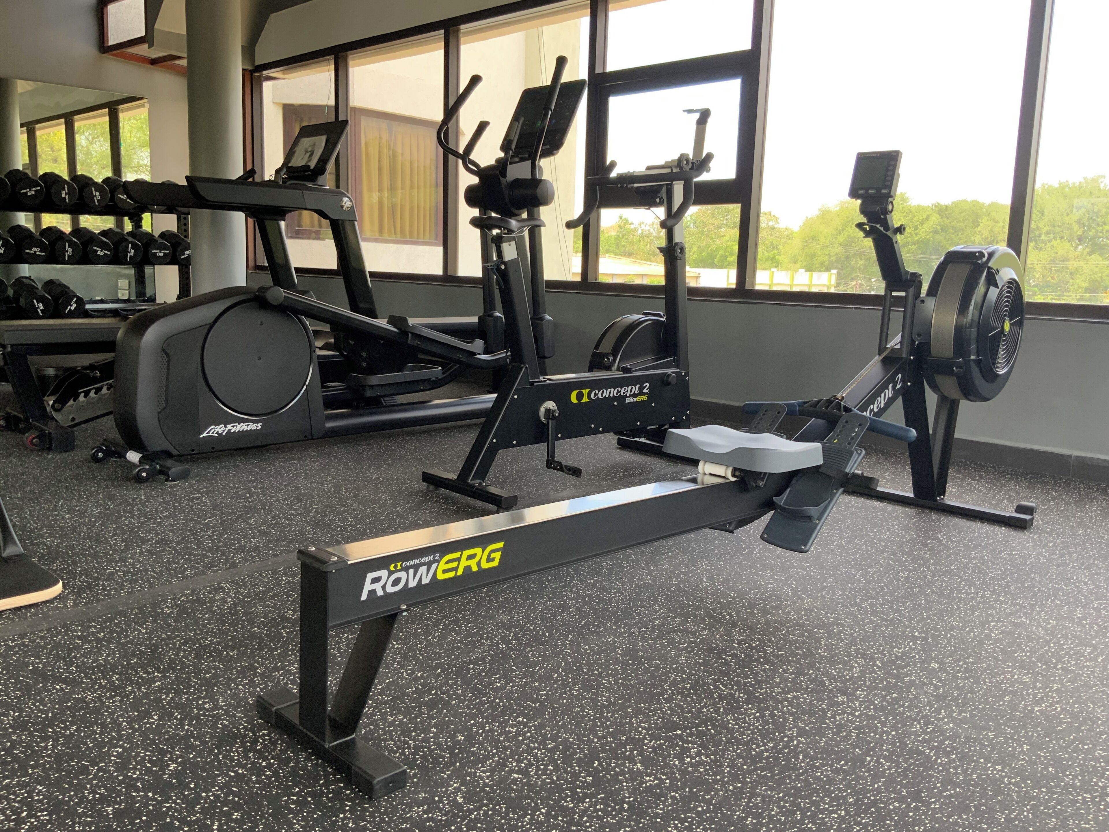 A gym with various exercise equipment including a treadmill, rowing machine, and dumbbells.