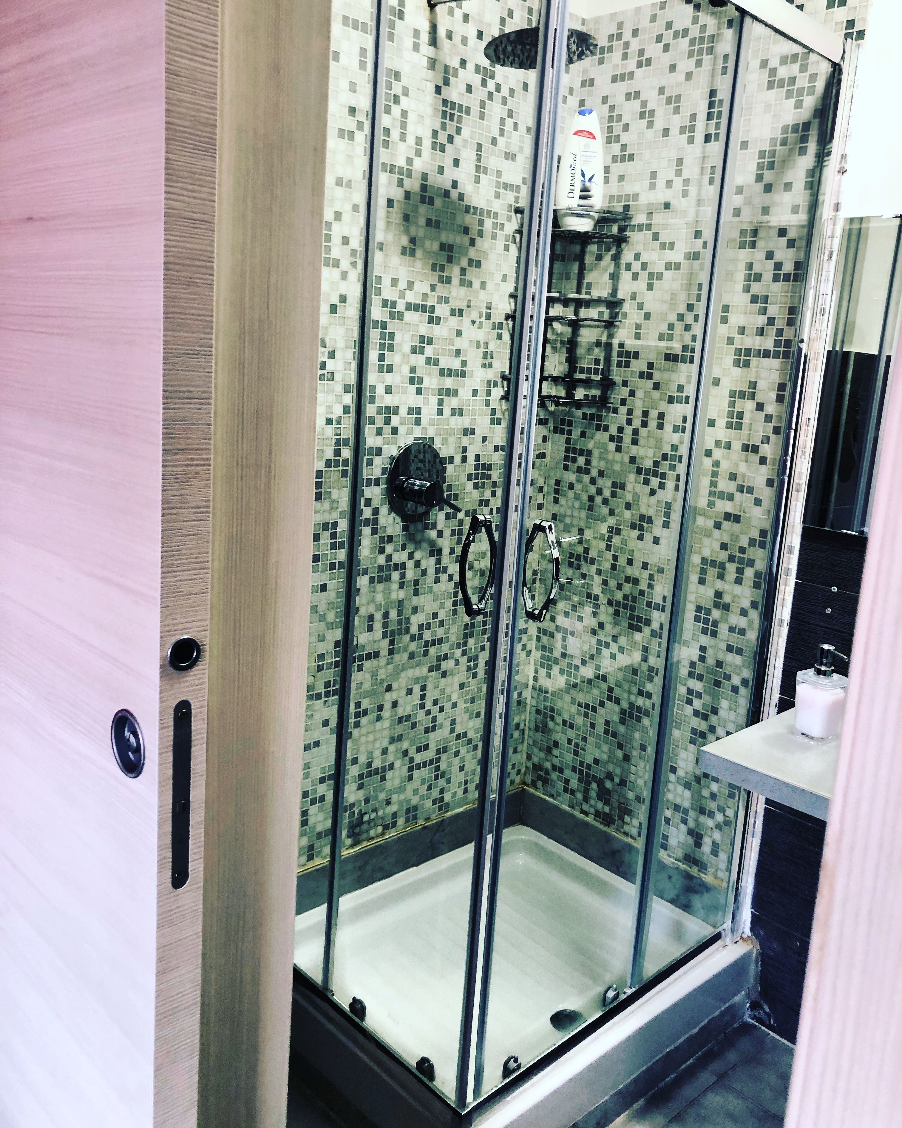 A glass-enclosed shower with a tiled mosaic wall, a handheld showerhead, and a soap dispenser.