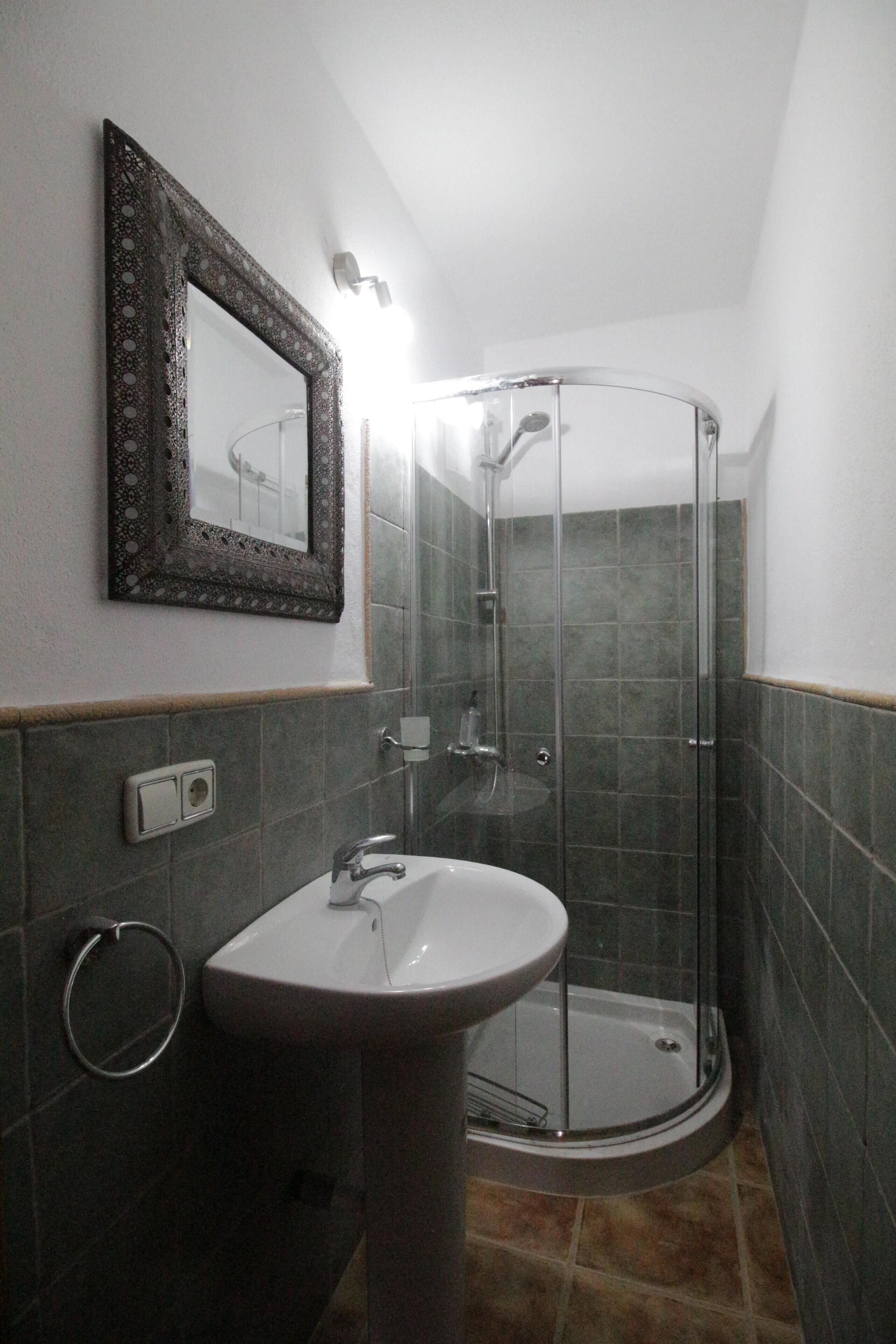 Un baño con cabina de ducha de vidrio, lavamanos con espejo y paredes de azulejos oscuros.