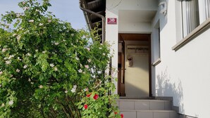 A building entrance with a staircase leading up to a door marked "38 Wesensstrasse."