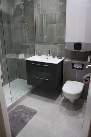 Dusche, Haartrockner, Handtücher, Seife