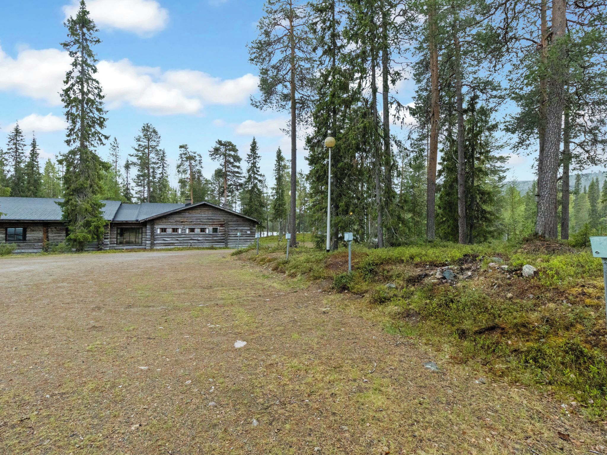 En timmerstuga med ett tak av metall, omgiven av ett skogsområde med höga träd.