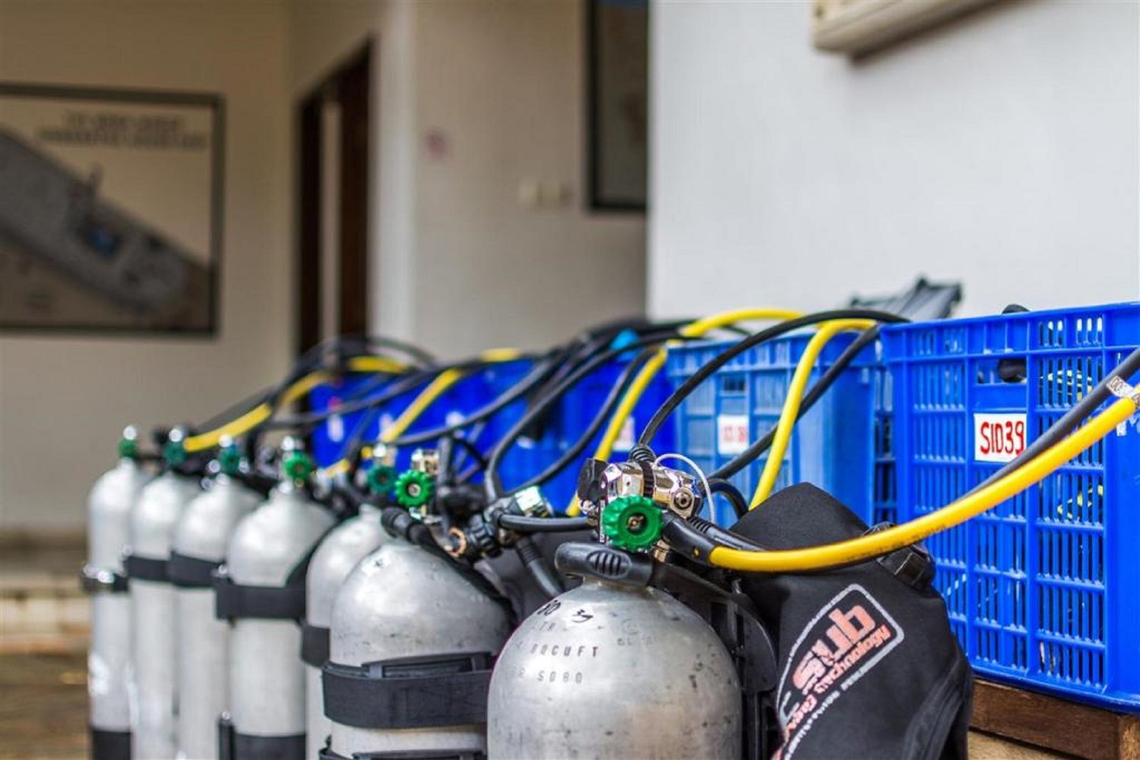 A row of oxygen tanks connected to a blue cart with a label.