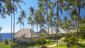A resort with thatched-roof buildings, palm trees, and a pathway leading to the ocean. - Siddhartha Oceanfront Resort & Spa Bali (Kubu)