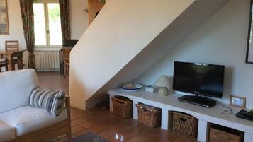 TV connectée, cheminée, lecteur de DVD, table de tennis de table