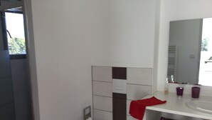 Een badkamer met een toilet, een wastafel en een spiegel.