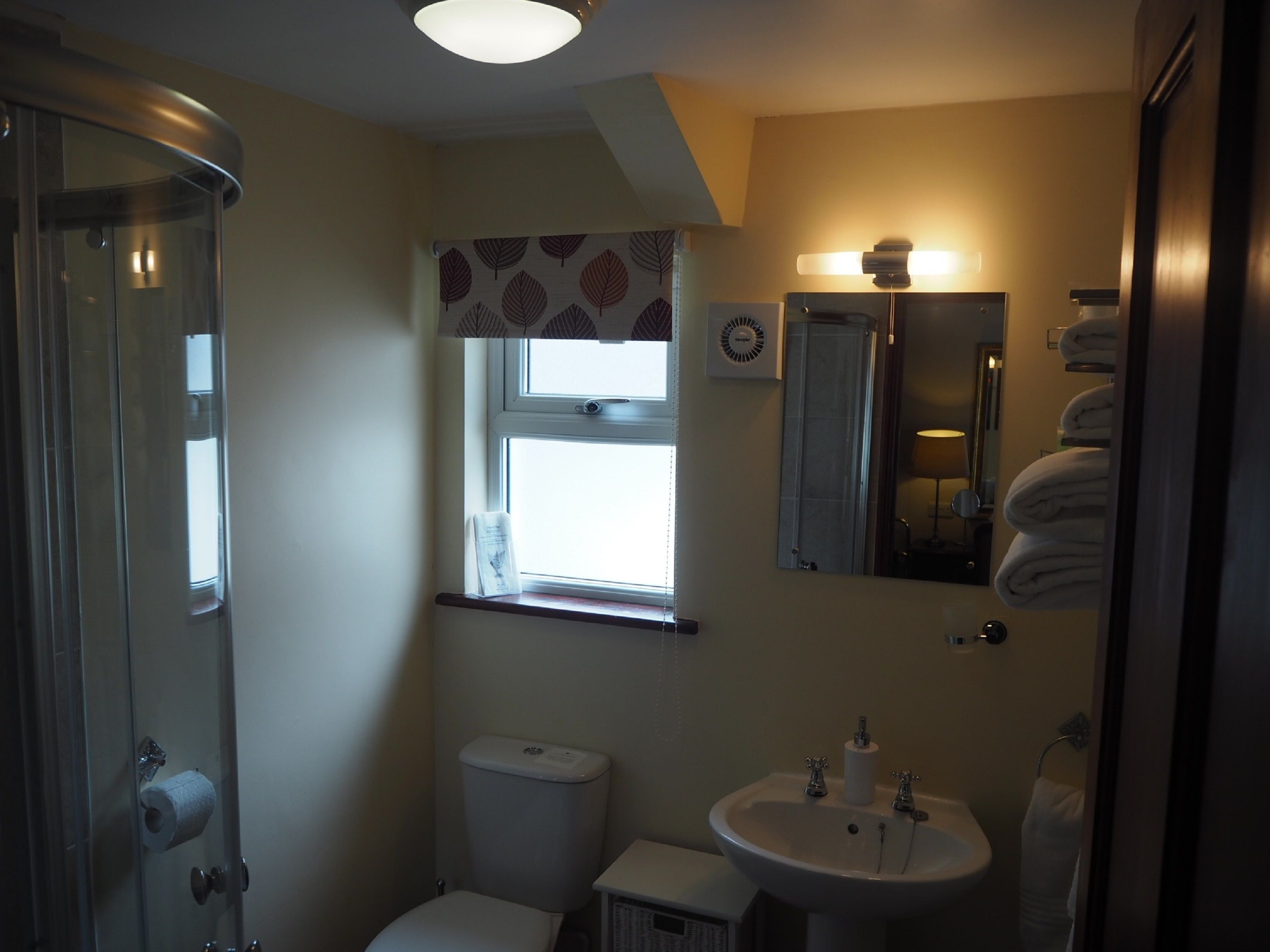 A bathroom with a shower, toilet, sink, and a window with patterned curtains.