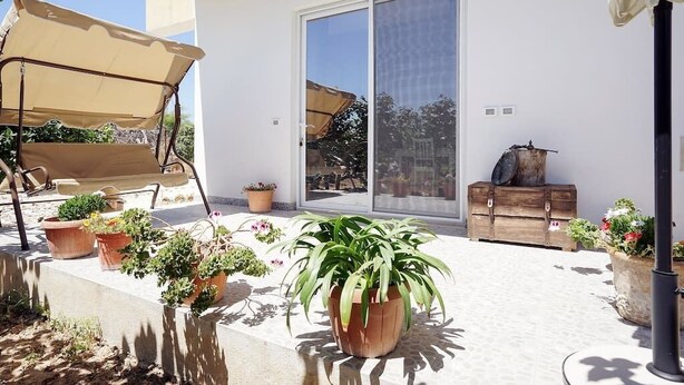 Une terrasse ensoleillée avec une porte-fenêtre coulissante, des meubles d’extérieur et des plantes en pot.
