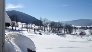 Schneebedeckte Landschaft mit von einem Dach hängenden Eisstücken, blauem Himmel und einer entfernten Bergsicht.