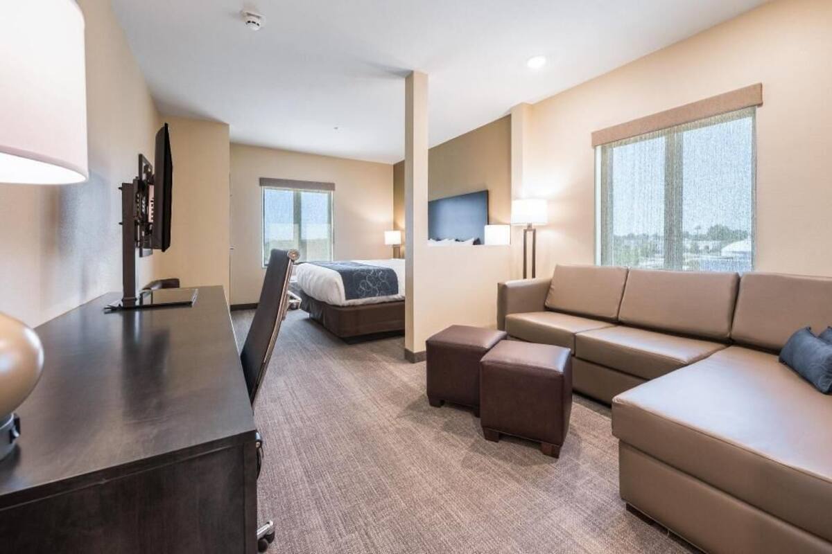 A hotel room with a bed, a sofa, a TV, a desk, and a window.
