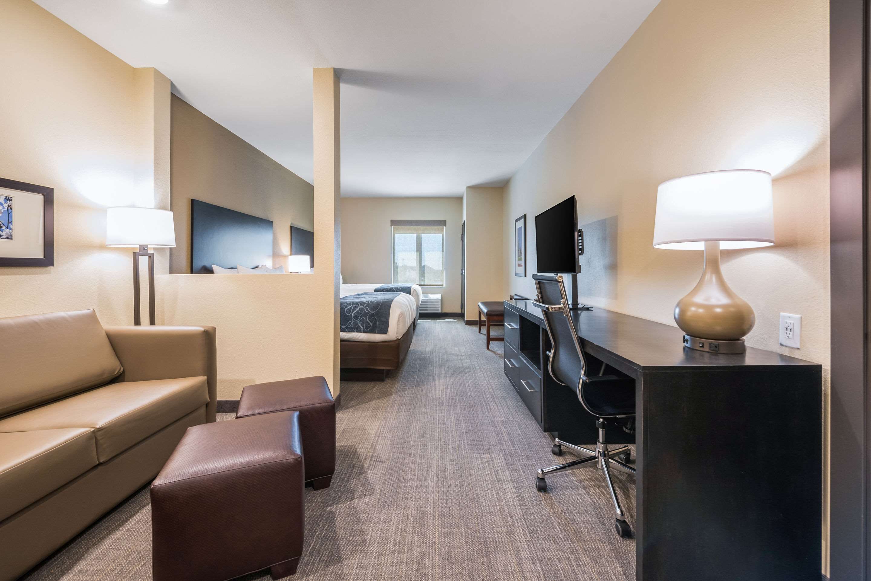 Quarto de hotel com sofá, cama, escrivaninha com cadeira, televisão e luminária.