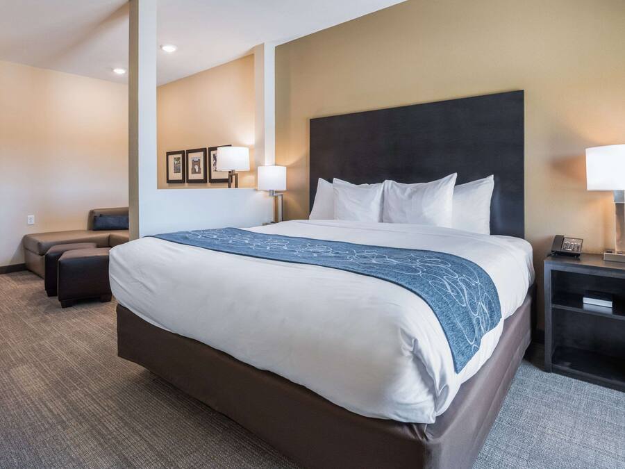 Quarto de hotel com uma cama grande, uma mesa de cabeceira com luminária, um sofá e um telefone fixado na parede.