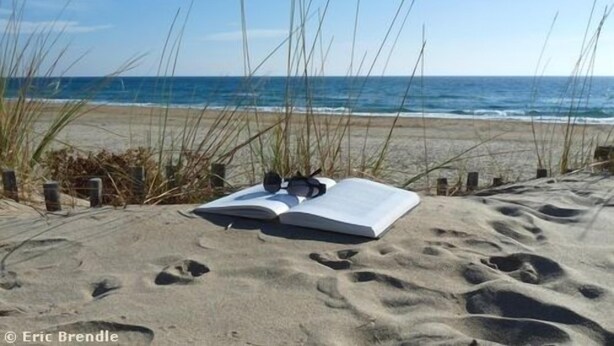A beach scene with an open book and sunglasses on the sand, a clear sky, and the ocean in the background.