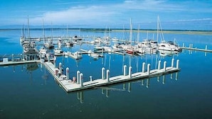 A marina with multiple boats docked at piers. - 3 Bdrm 2 Bath Waterfront Villa on Dataw with Dock, Bikes, Pool and Beach Pass!  (St Helena Island)