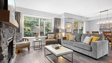 TV connectée, cheminée, livres