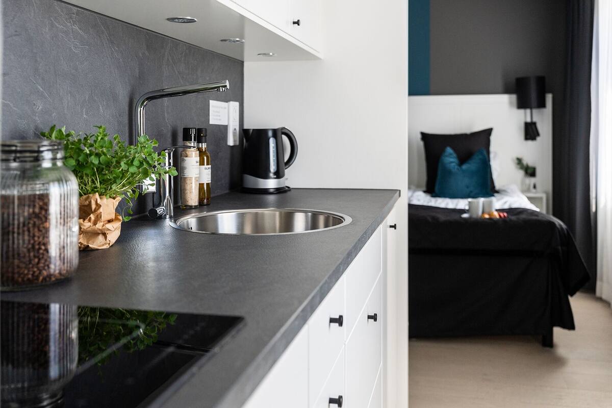 Une cuisine moderne équipée d’un évier en acier inoxydable, d’une bouilloire et d’une machine à café. On aperçoit une plante sur le plan de travail et, au fond, un lit avec un oreiller bleu.