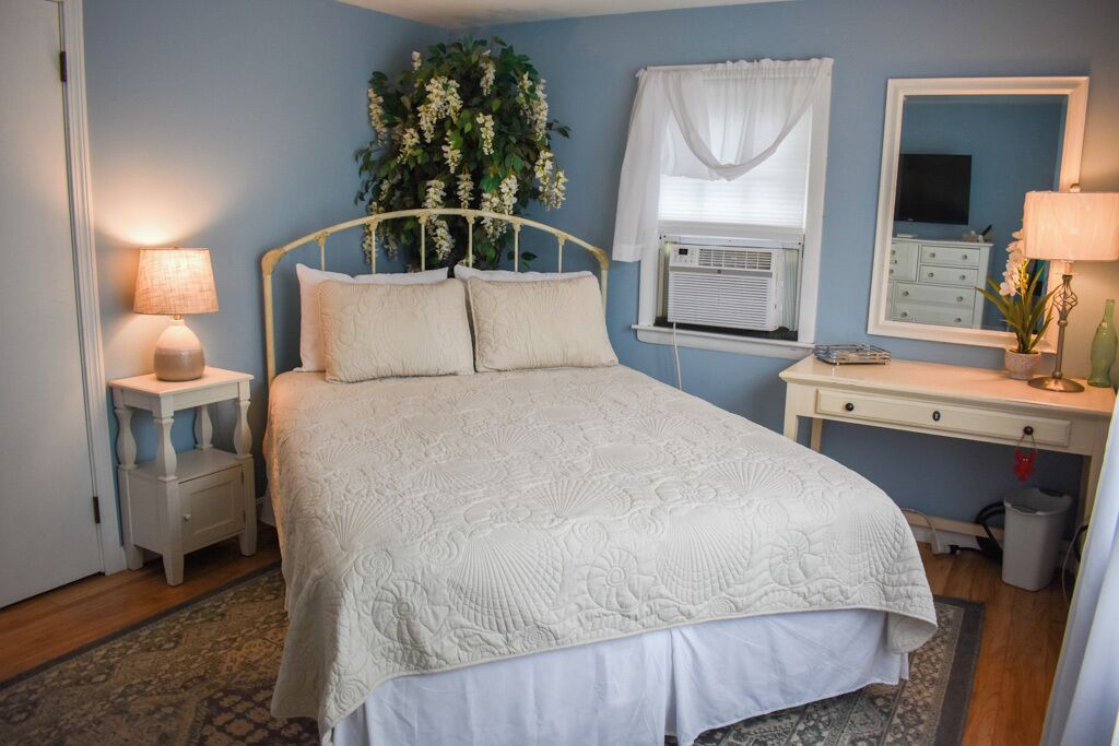 A bedroom with a bed, bedside tables, a dresser, a mirror, a window with curtains, and a plant.