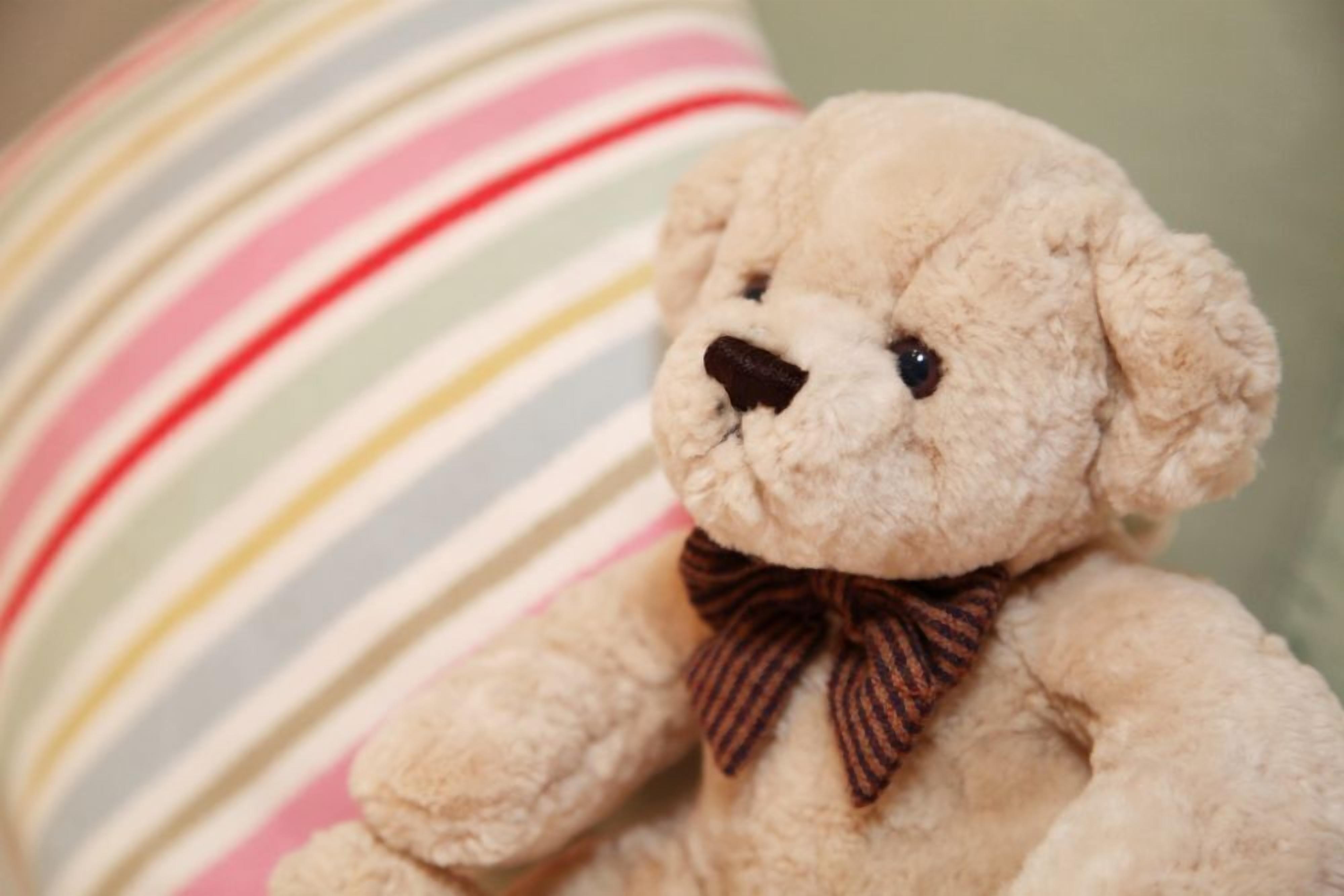 A plush teddy bear with a striped bow tie sitting against a striped pillow.