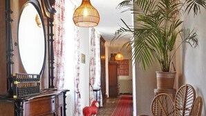 Un pasillo con piso de madera, un suelo alfombrado con estampado rojo, un espejo grande, una silla de mimbre, una planta en maceta y un lámpara colgante.