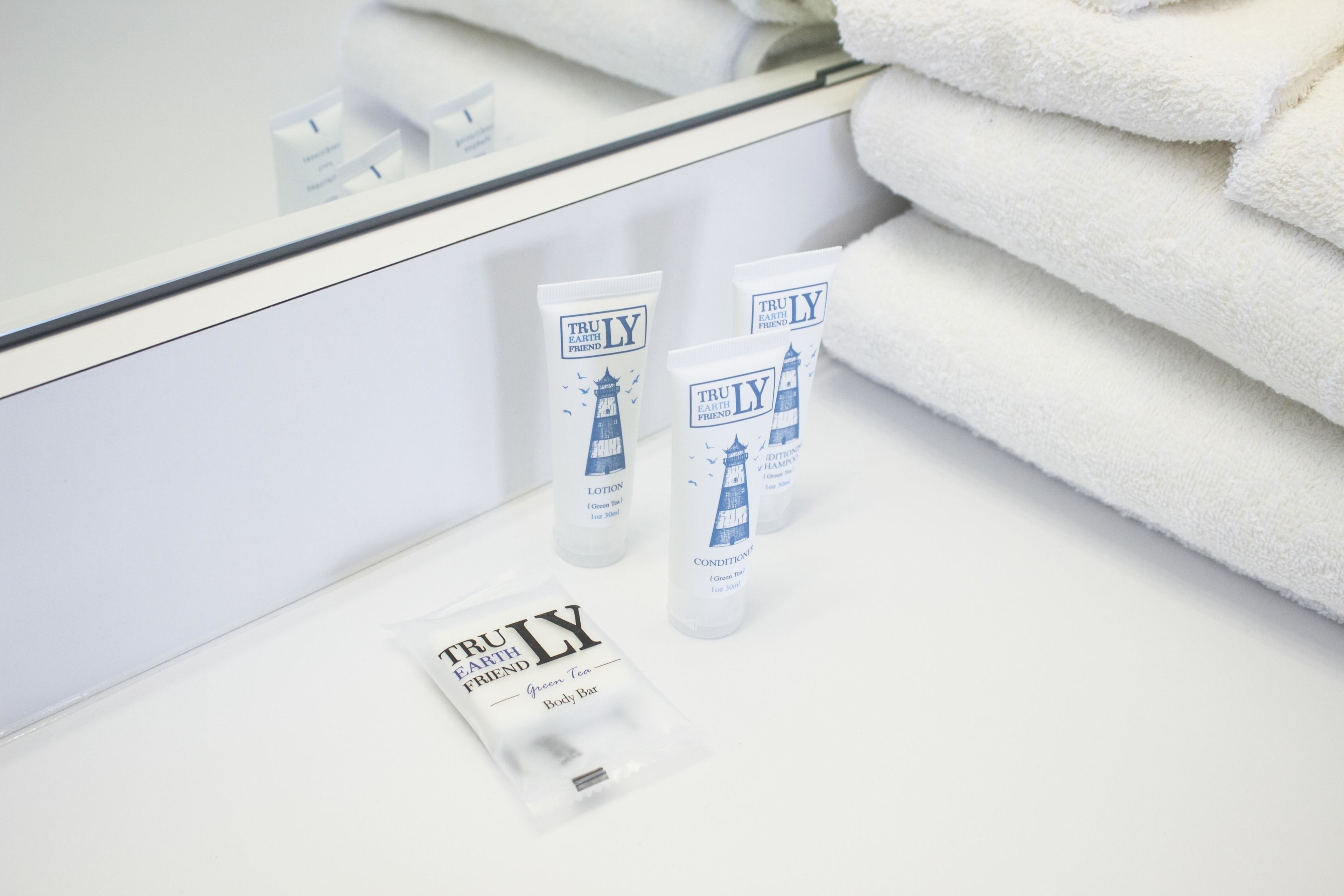 combined shower/bathtub, free toiletries, hair dryer, towels