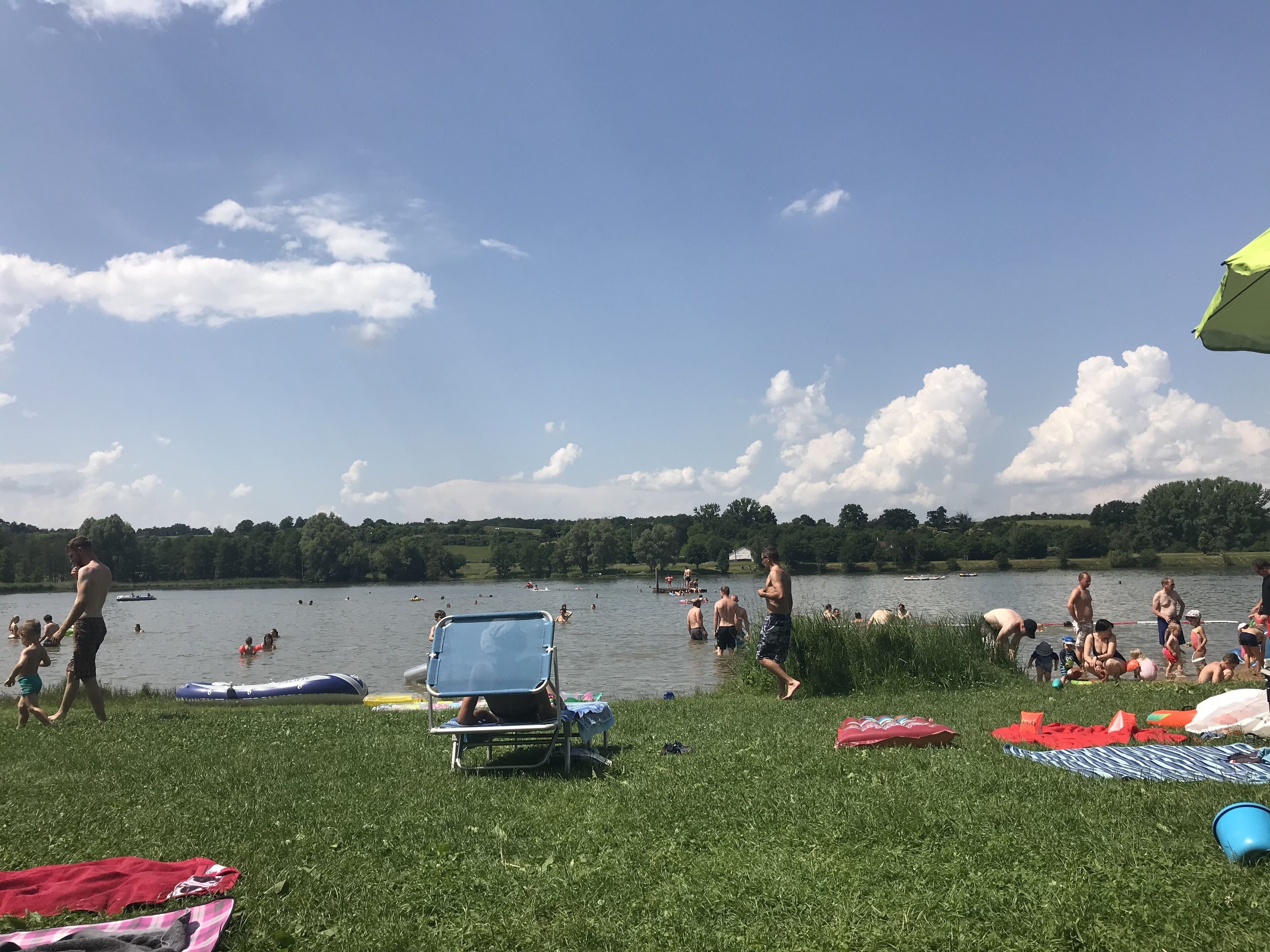 A grassy area with a lake, people swimming, and a boat in the distance.