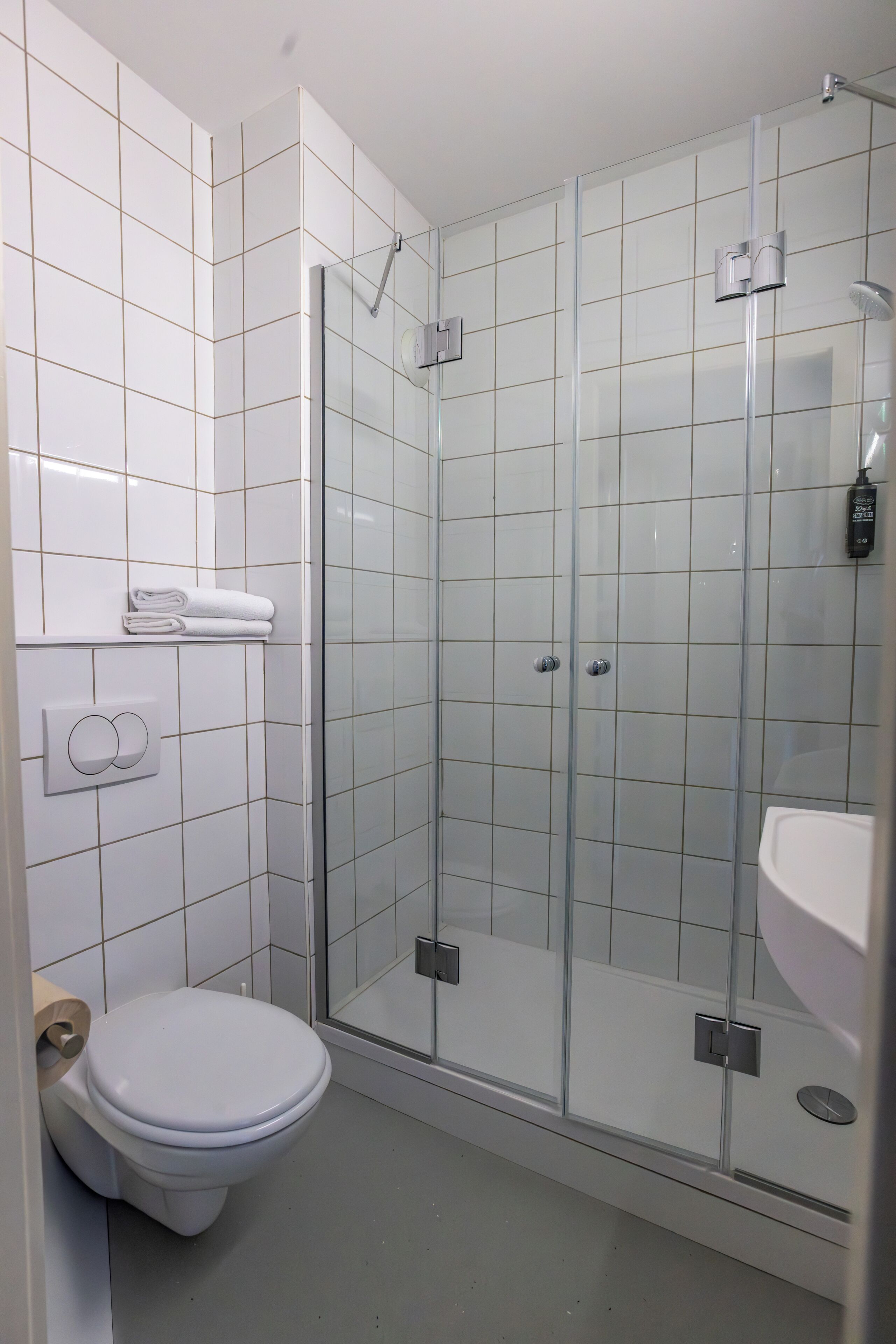 A modern bathroom with a glass-enclosed shower, a toilet, and a sink.