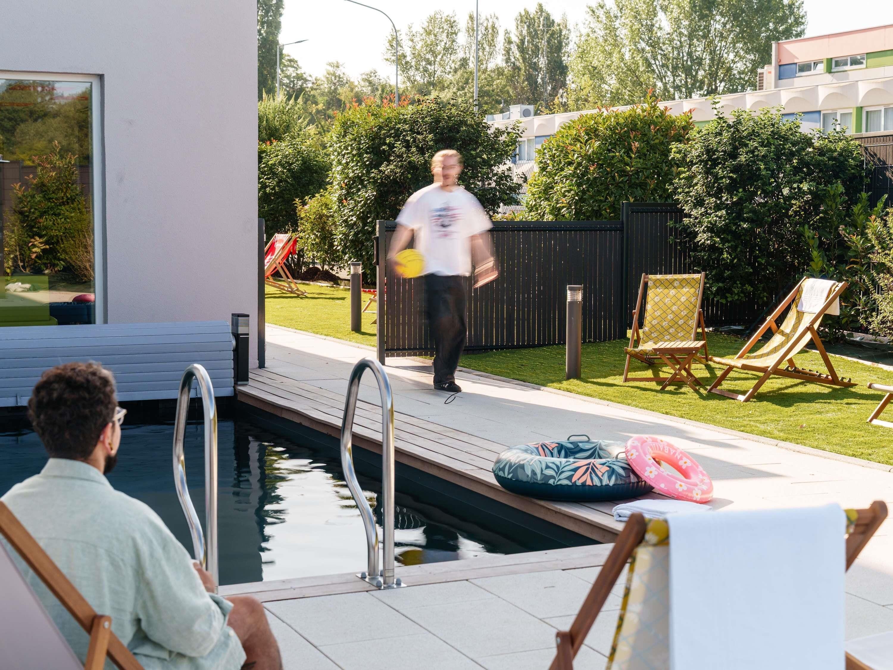 seasonal outdoor pool, open 10:00 am to 9:00 pm, free pool cabanas