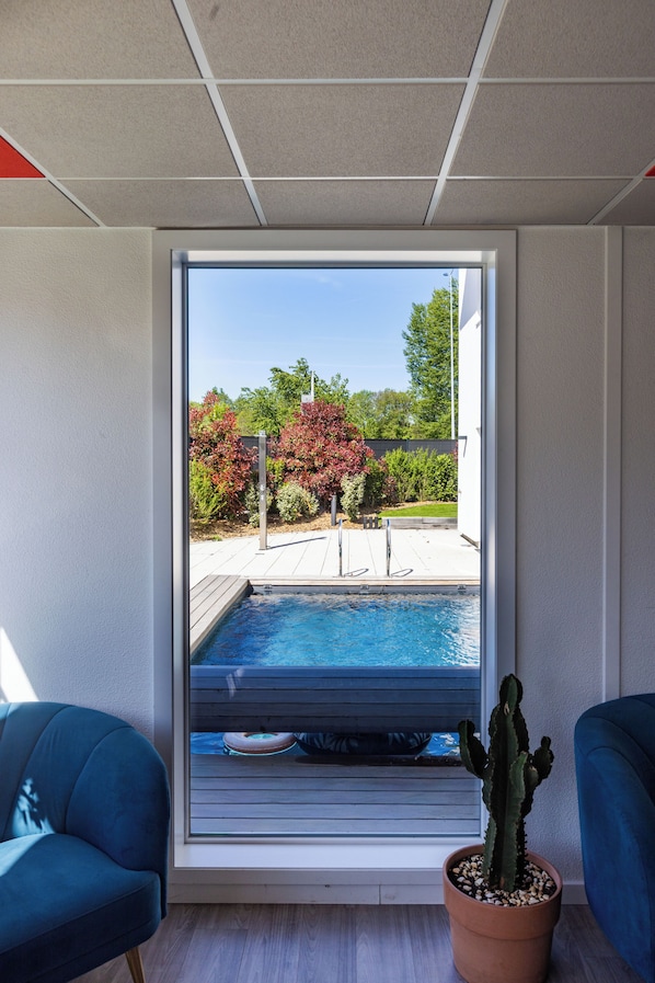 A room with a large window overlooking a swimming pool, a potted cactus, and two blue chairs.