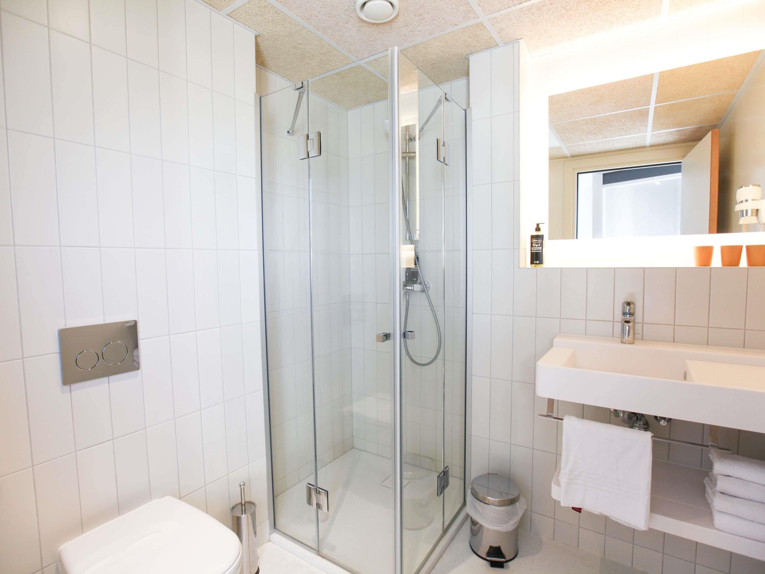 A modern bathroom with a glass-enclosed shower, a white sink, and a toilet.