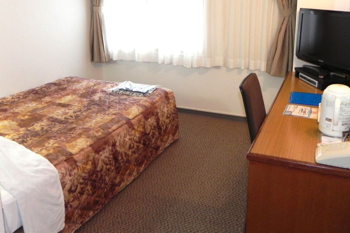 A hotel room with a bed, a desk with a computer, and a television.