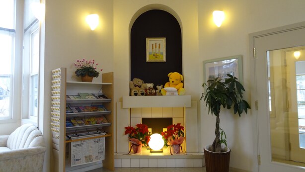 A cozy room with a fireplace, shelves with books and a potted plant. - Family Lodge Hatagoya Nasu (Nasu)