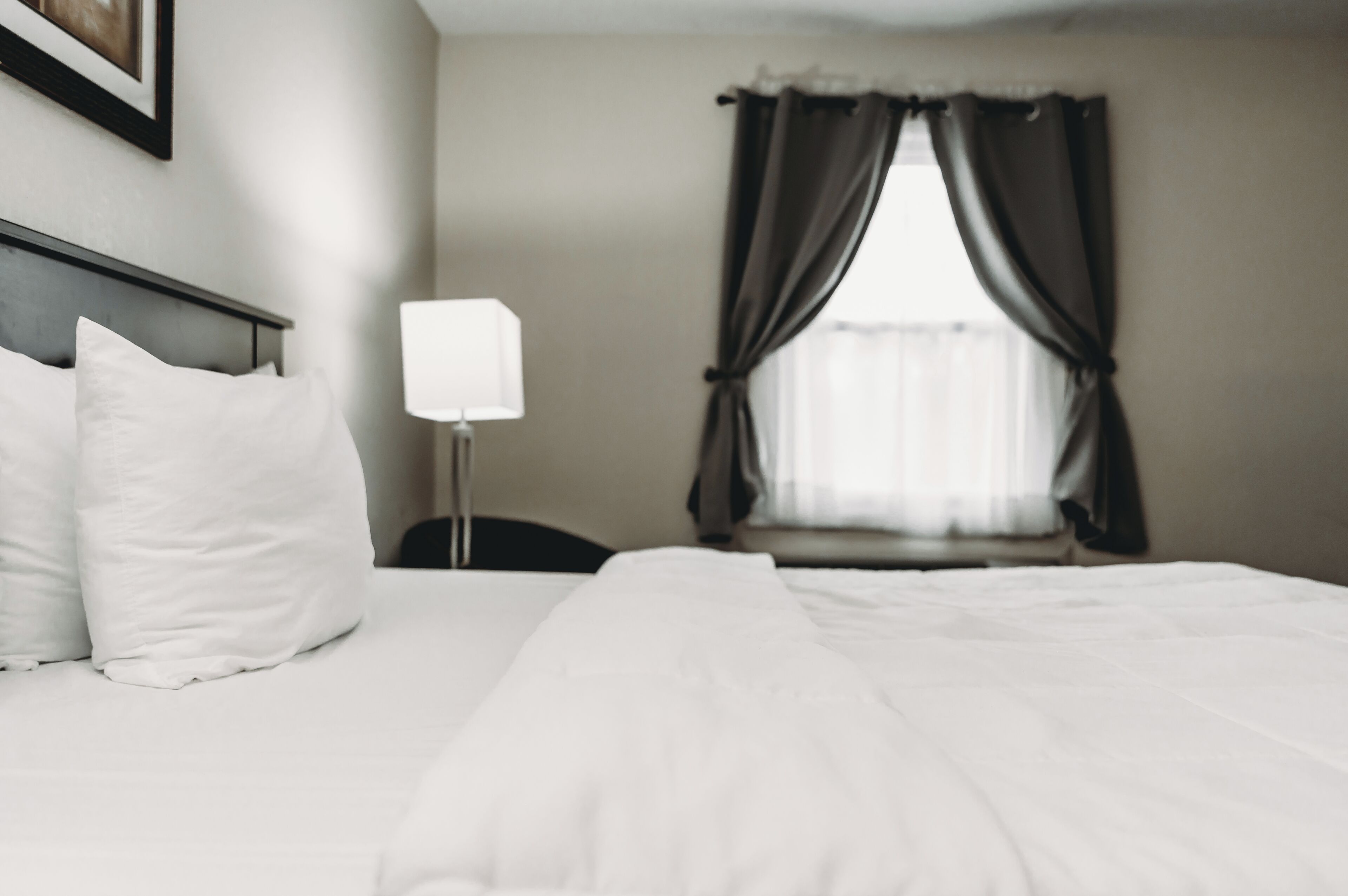 A hotel room with a bed, a nightstand, a lamp, and a window with curtains.
