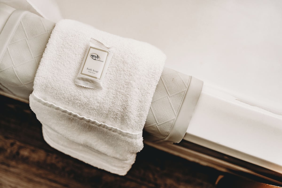 Eco-friendly toiletries, hair dryer, towels, soap
