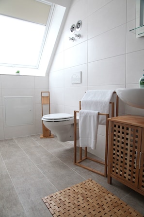 A modern bathroom with a skylight, a toilet, a sink, and a wooden cabinet.