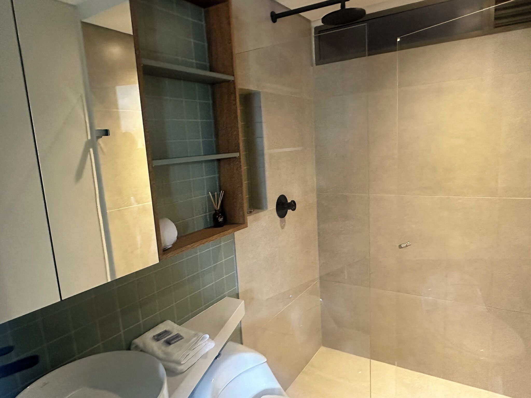 A modern bathroom with a toilet, a shower, and a vanity with a mirror.