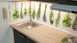 A modern kitchen with black cabinets, a wooden countertop, a stainless steel sink, and a gas stove. - Mike's apartment incl. Oberstaufen Plus Card (Steibis)