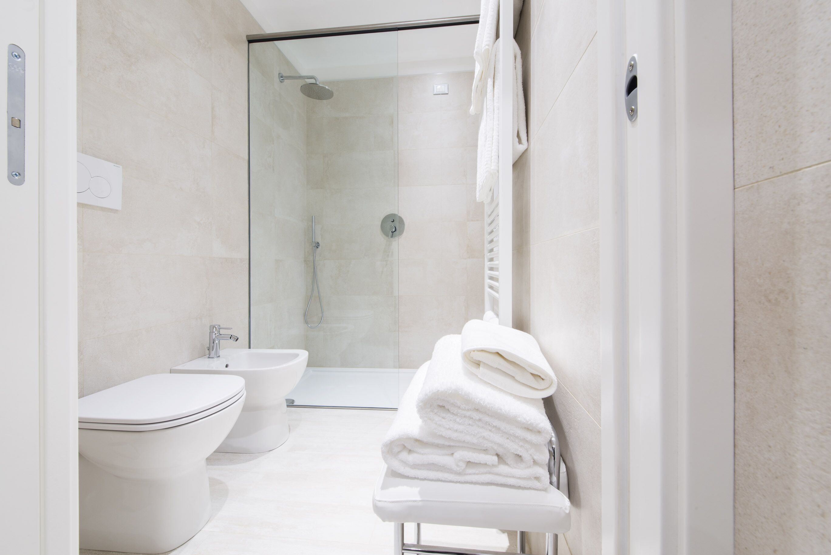 Shower, hair dryer, bidet, towels