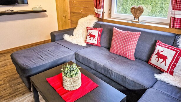 Ett modernt vardagsrum med en grå soffa, röd- och vitrutiga kuddar, ett TV-bord i trä och ett fönster med utsikt över grönområden.