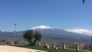Vista de una montaña con cumbre nevada, cielo despejado, y un área cercada con un árbol y un farol.